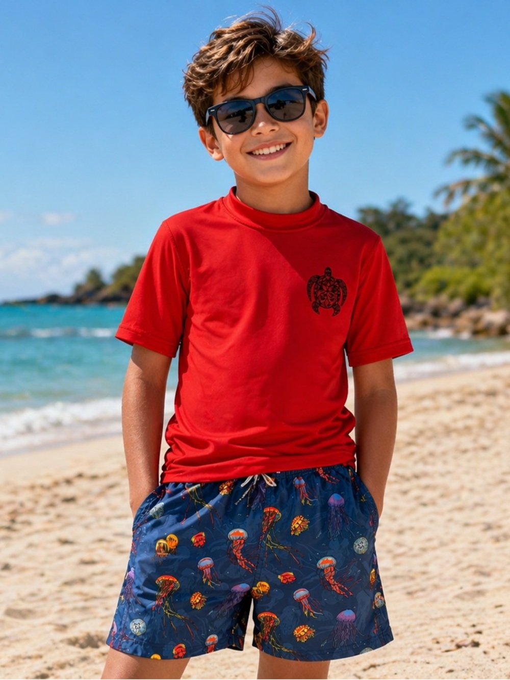 Boys 11/12 Swim Set Boardies Jellyfish Shorts + Red Rash Guard UPF Beach Outfit